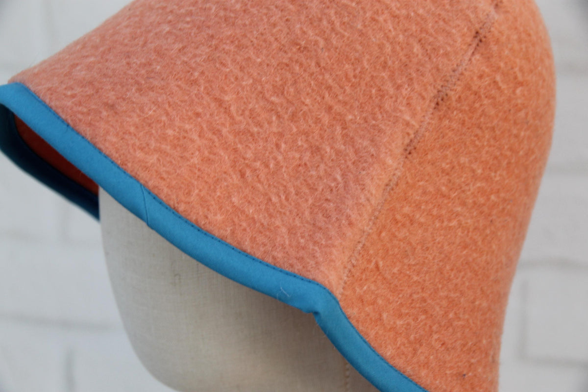 Handmade Wool Sauna Hat, Vintage Blanket Banya Cap, Upcycled Peach Blue Steam Room Hat
