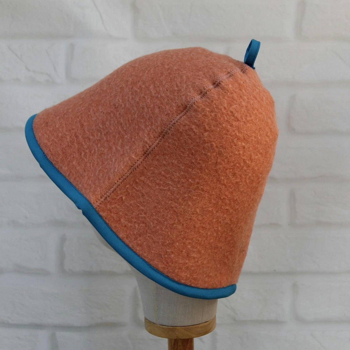 Handmade Wool Sauna Hat, Vintage Blanket Banya Cap, Upcycled Peach Blue Steam Room Hat