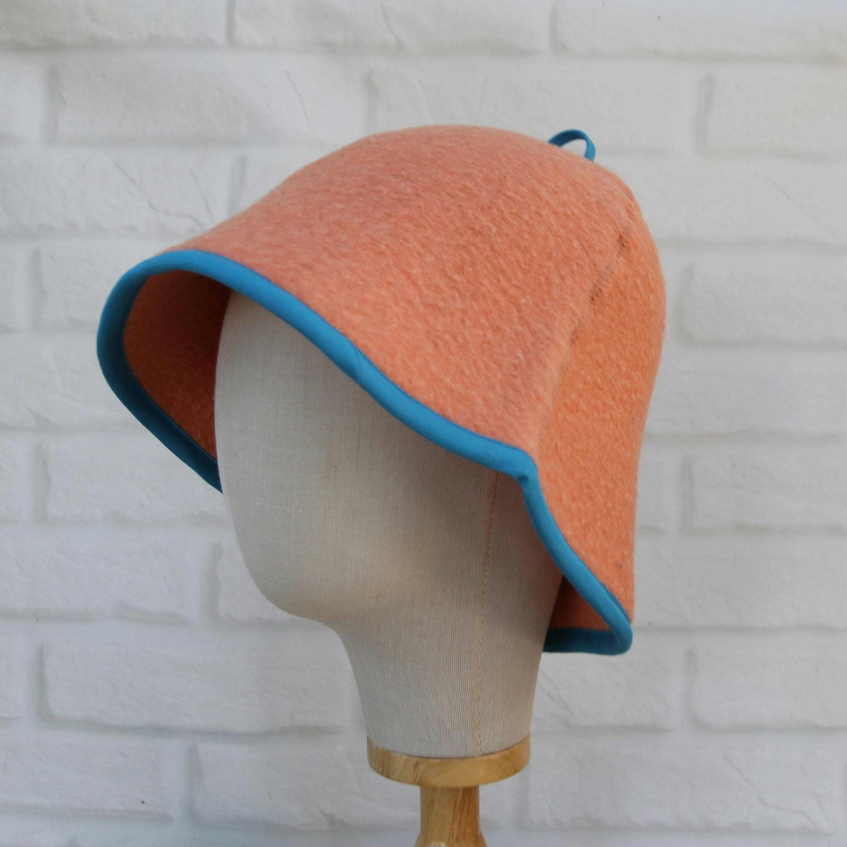 Handmade Wool Sauna Hat, Vintage Blanket Banya Cap, Upcycled Peach Blue Steam Room Hat