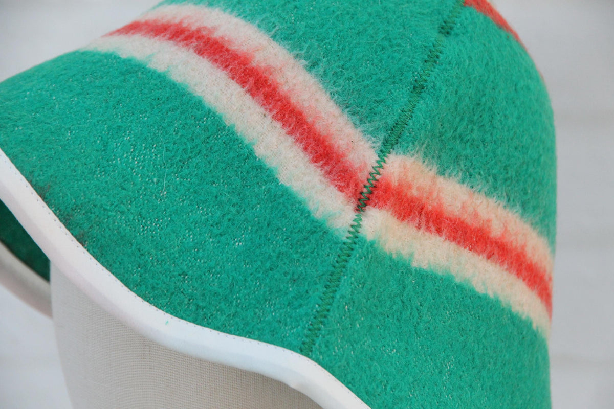 Handmade Wool Sauna Hat, Green Red Striped Banya Cap, Eco-Friendly Spa Accessory
