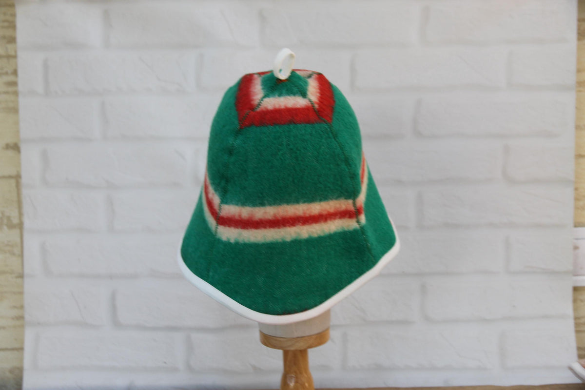 Handmade Wool Sauna Hat, Green Red Striped Banya Cap, Eco-Friendly Spa Accessory
