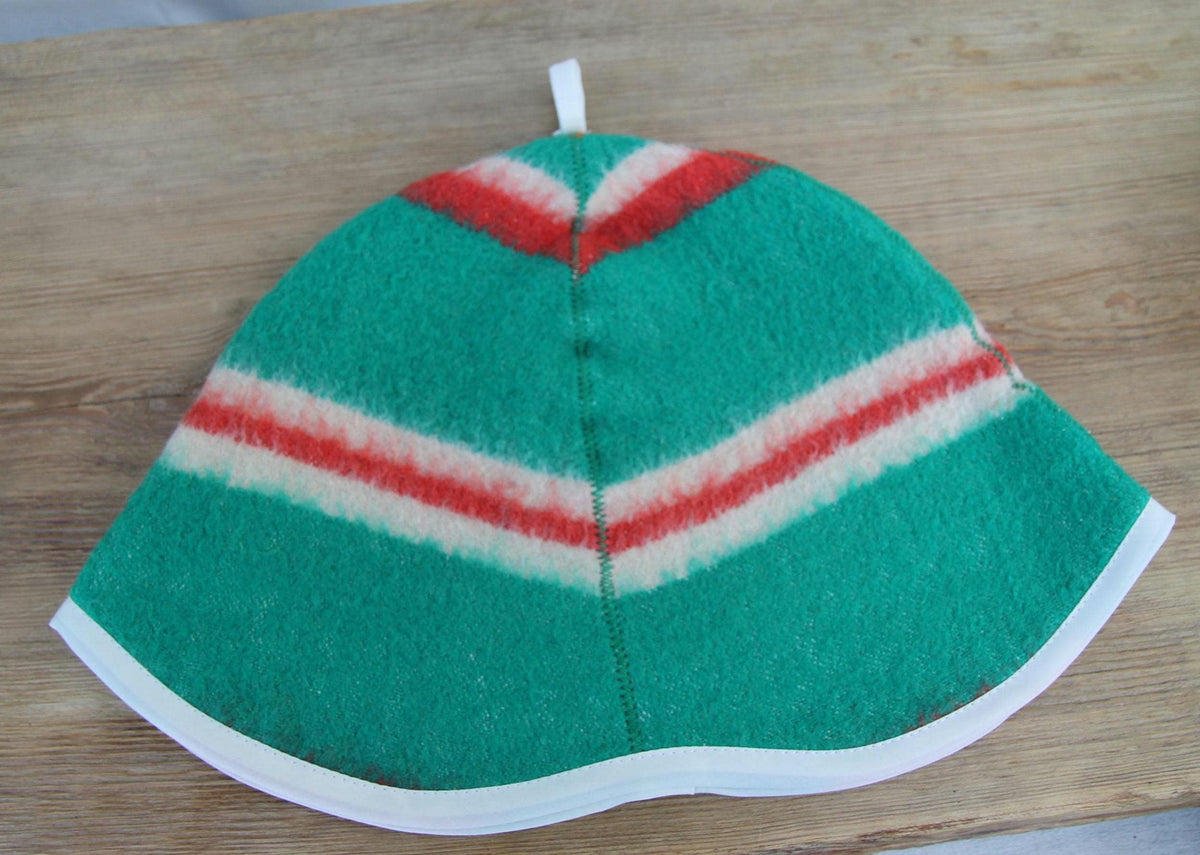 Handmade Wool Sauna Hat, Green Red Striped Banya Cap, Eco-Friendly Spa Accessory