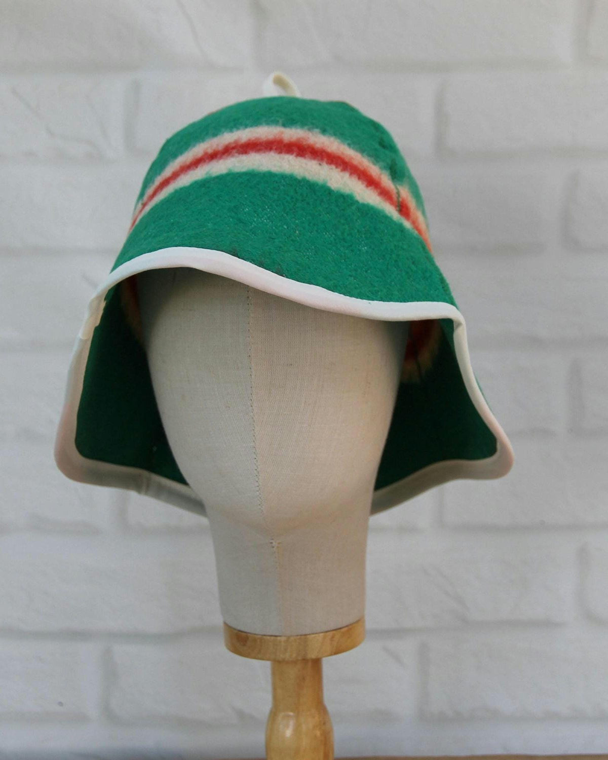 Handmade Wool Sauna Hat, Green Red Striped Banya Cap, Eco-Friendly Spa Accessory
