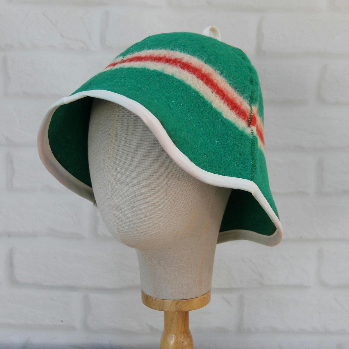 Handmade Wool Sauna Hat, Green Red Striped Banya Cap, Eco-Friendly Spa Accessory