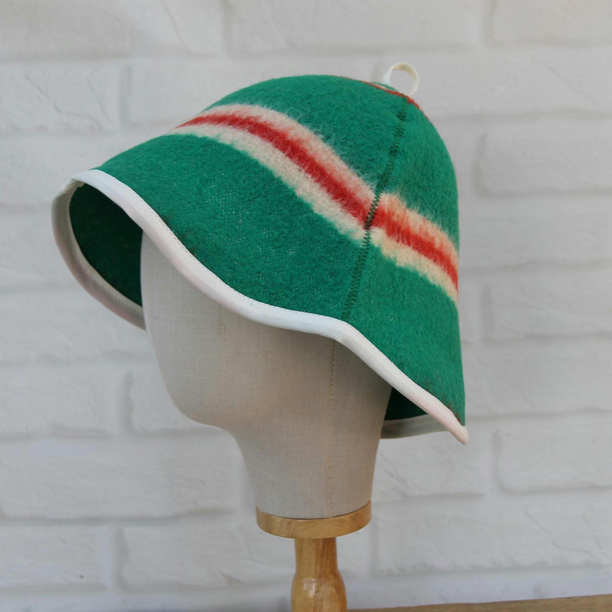 Handmade Wool Sauna Hat, Green Red Striped Banya Cap, Eco-Friendly Spa Accessory