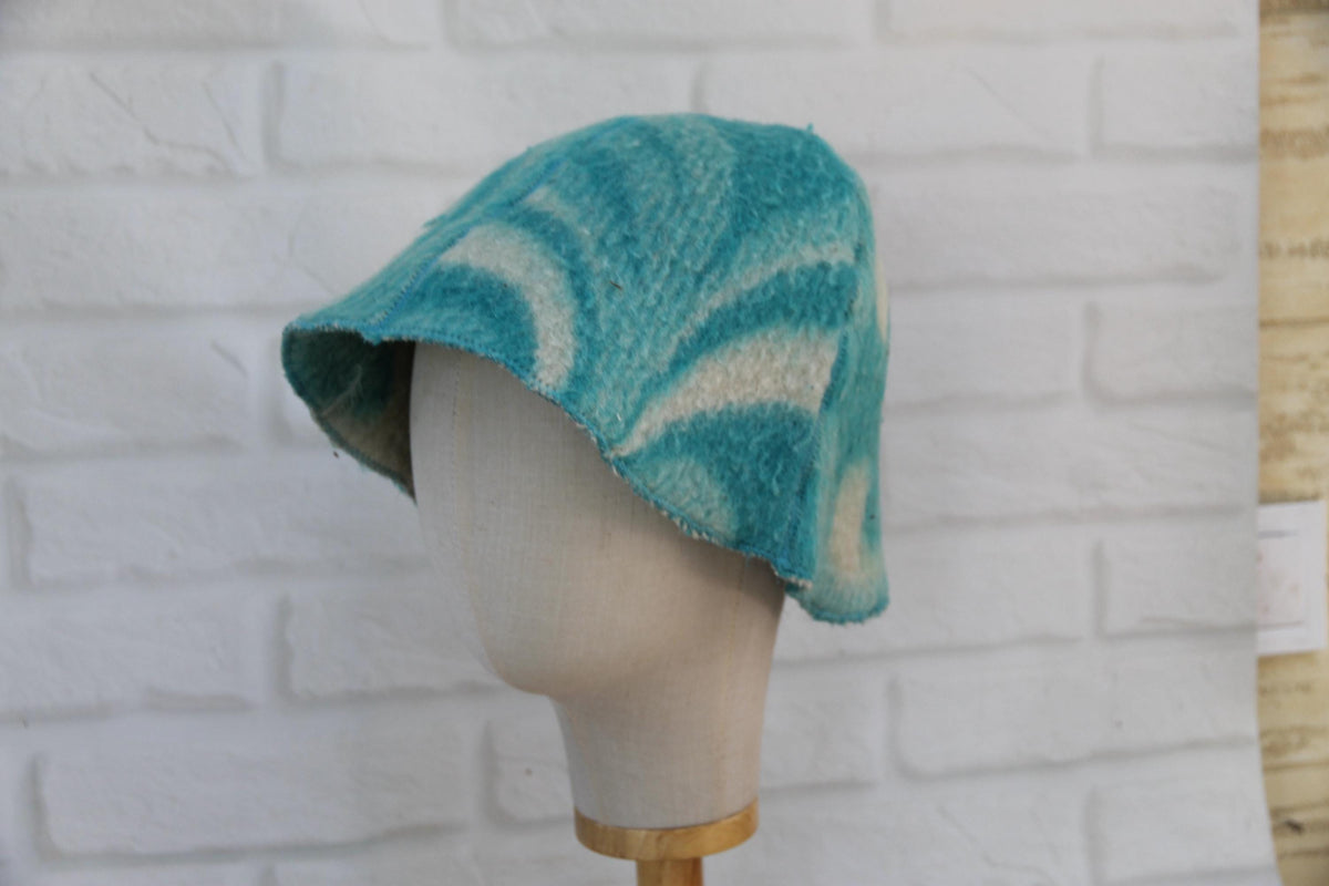 Handmade Wool Sauna Hat, Upcycled Turquoise White Banya Cap, Spa Accessory