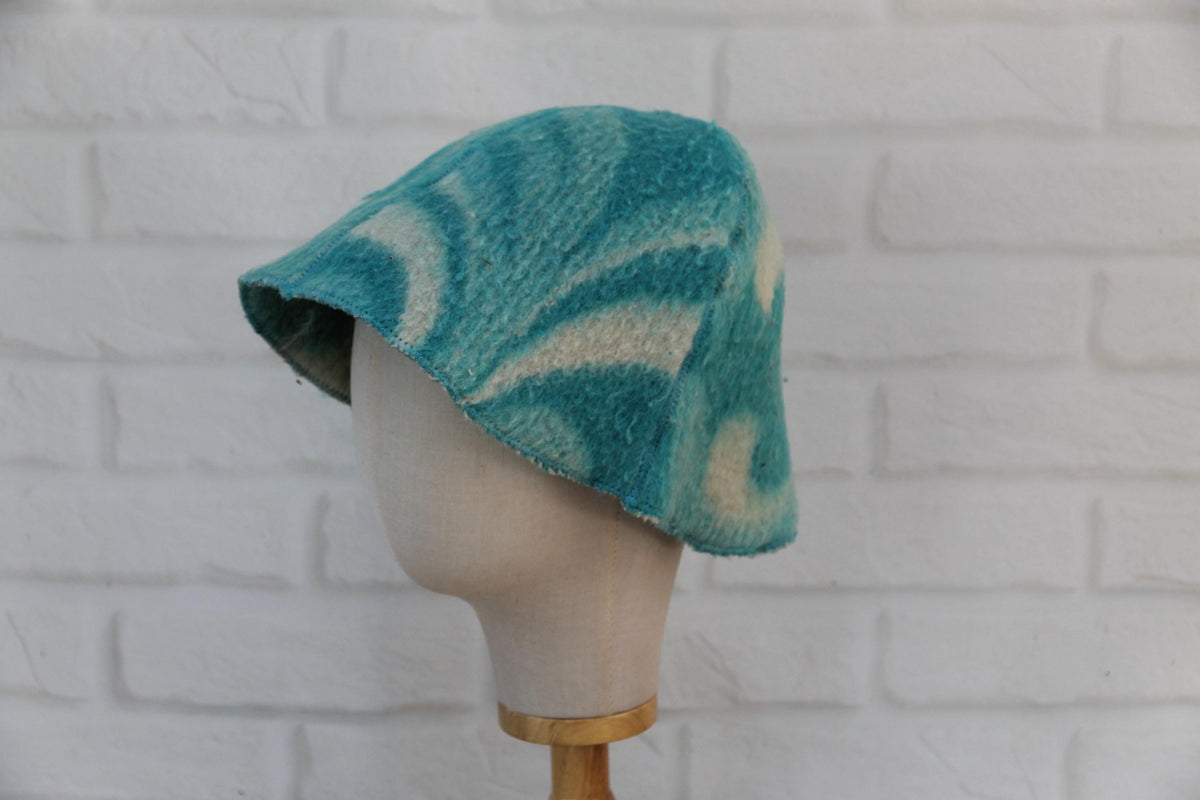 Handmade Wool Sauna Hat, Upcycled Turquoise White Banya Cap, Spa Accessory