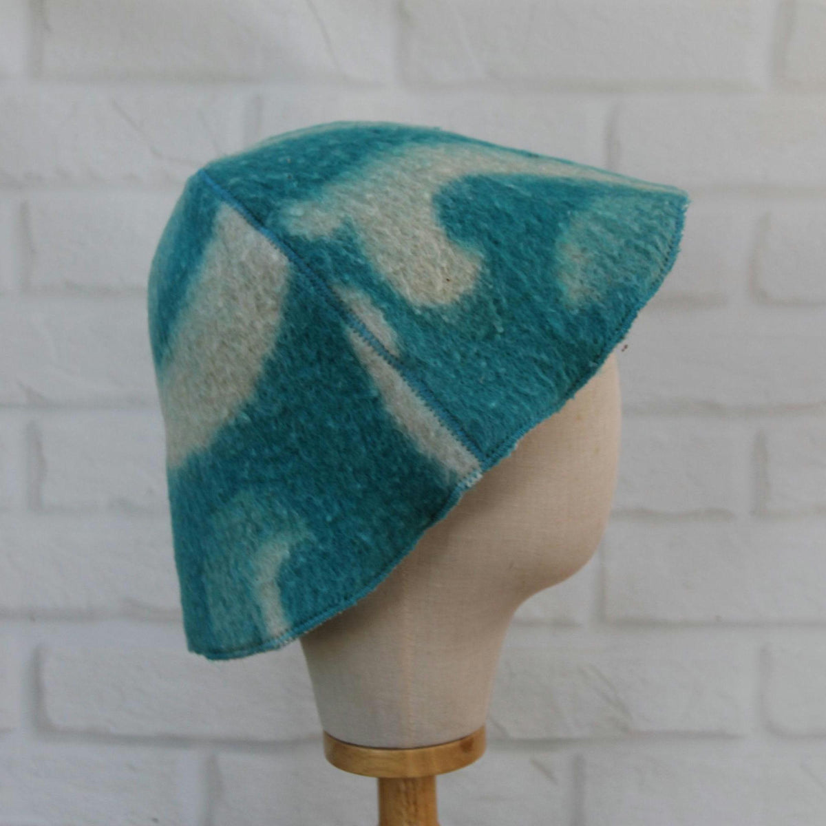 Handmade Wool Sauna Hat, Upcycled Turquoise White Banya Cap, Spa Accessory