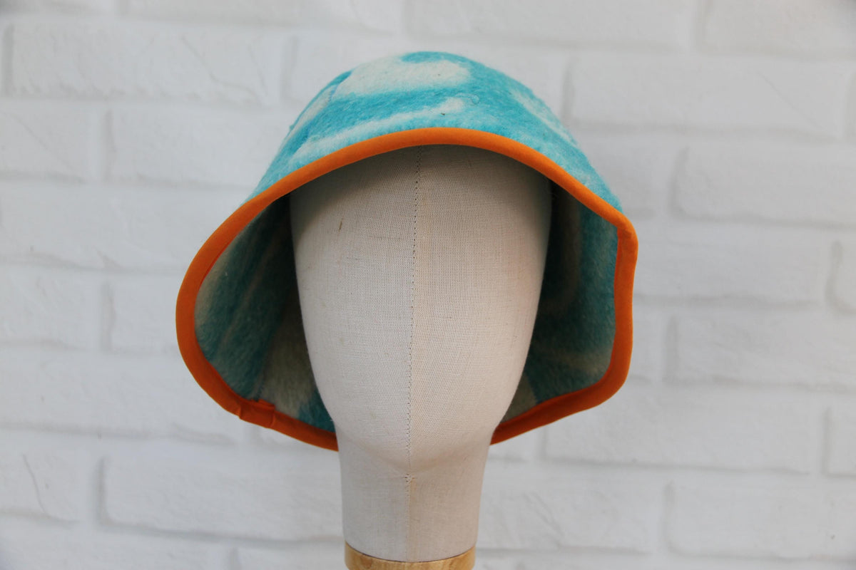 Handmade Wool Sauna Hat, Vintage Blue Cream Banya Cap, Spa Accessory