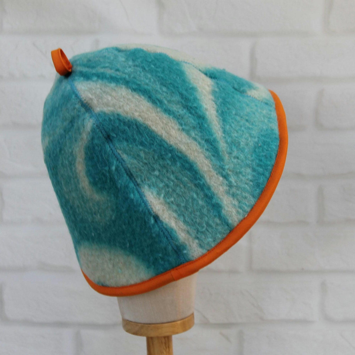 Handmade Wool Sauna Hat, Vintage Blue Cream Banya Cap, Spa Accessory