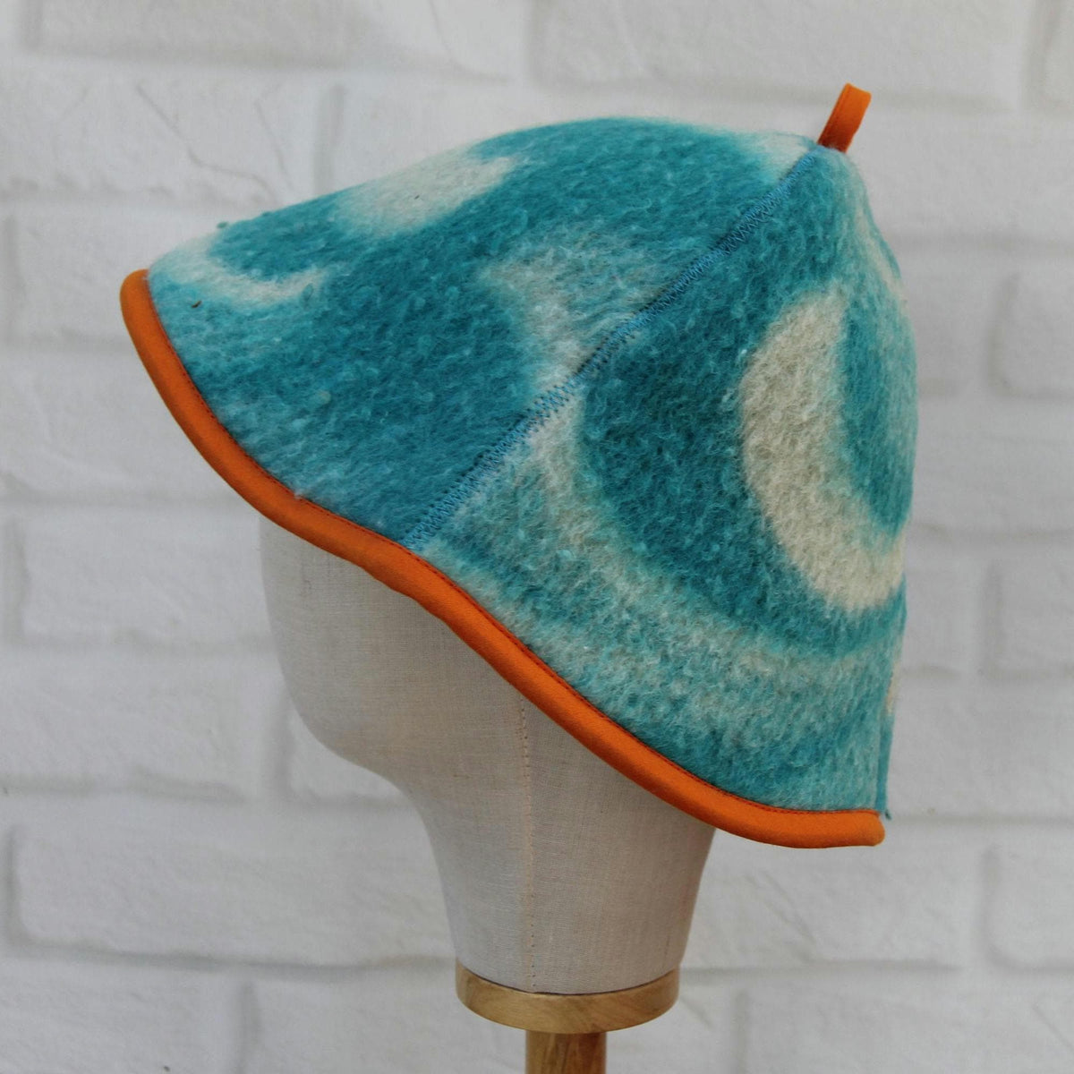 Handmade Wool Sauna Hat, Vintage Blue Cream Banya Cap, Spa Accessory