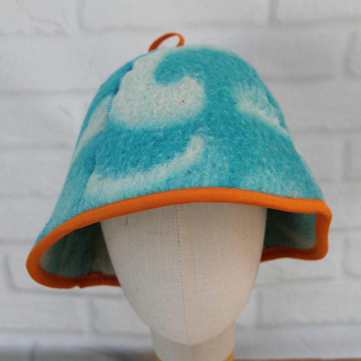 Handmade Wool Sauna Hat, Vintage Blue Cream Banya Cap, Spa Accessory