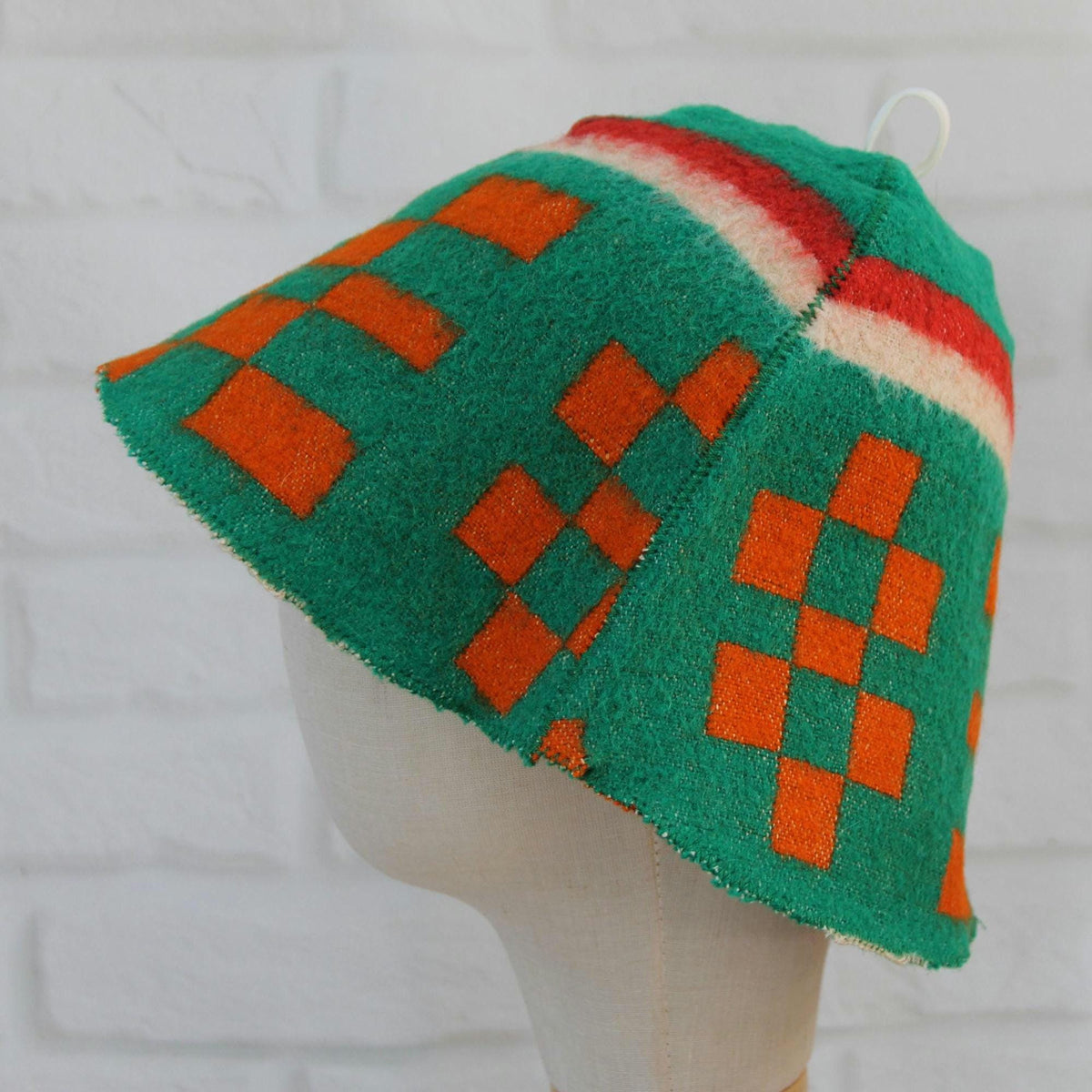Handmade Upcycled Wool Sauna Hat - Green Orange Geometric Banya Hat