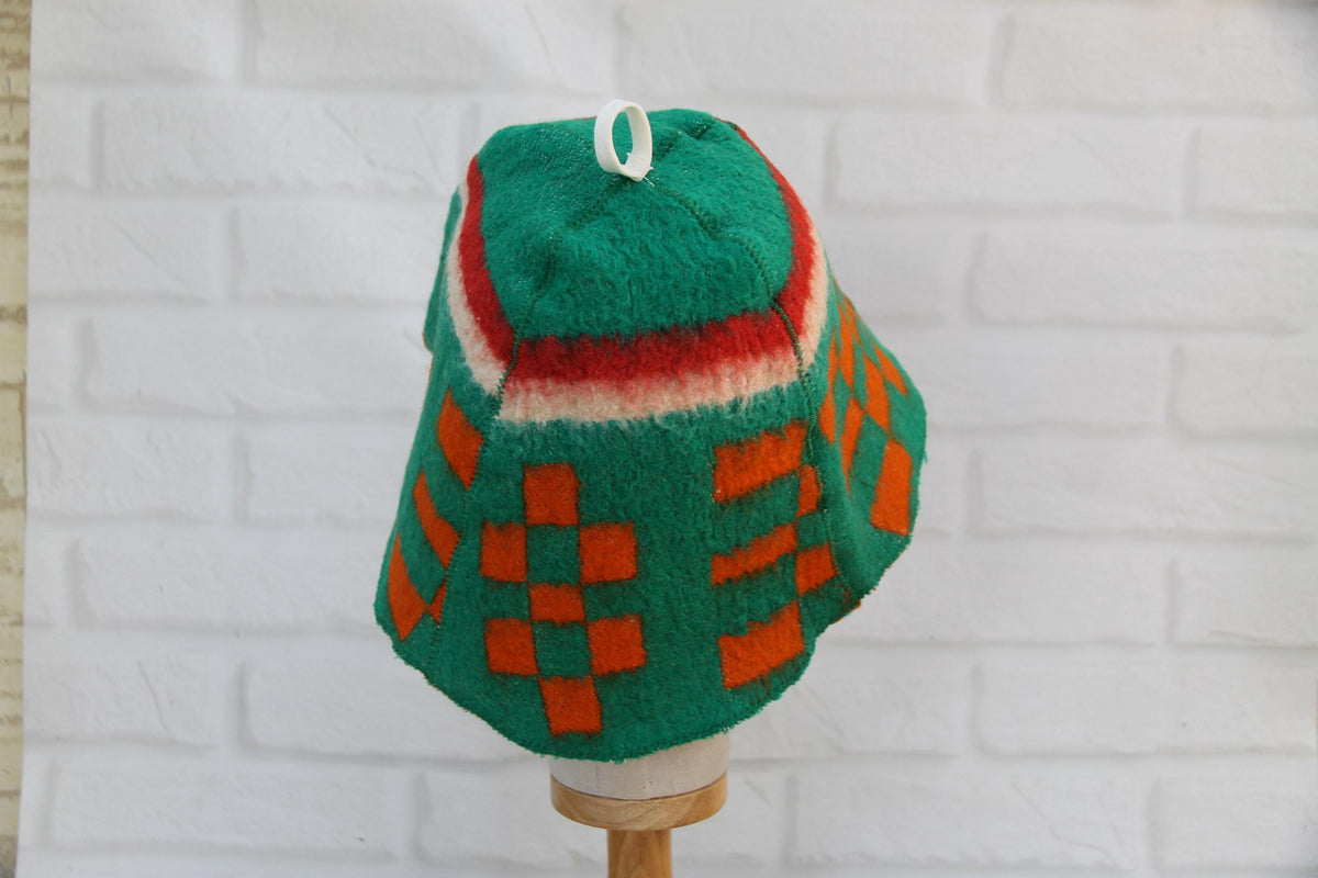 Handmade Upcycled Wool Sauna Hat - Green Orange Geometric Banya Hat