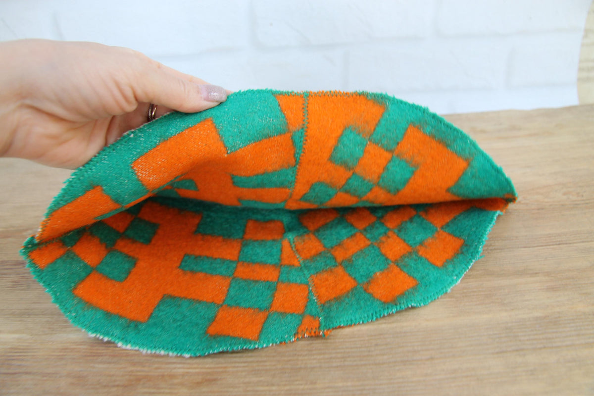 Handmade Upcycled Wool Sauna Hat - Green Orange Geometric Banya Hat