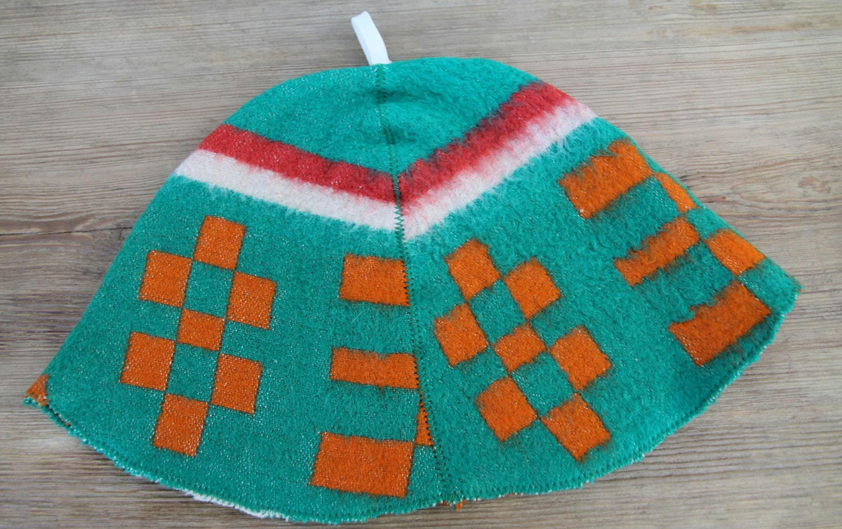 Handmade Upcycled Wool Sauna Hat - Green Orange Geometric Banya Hat