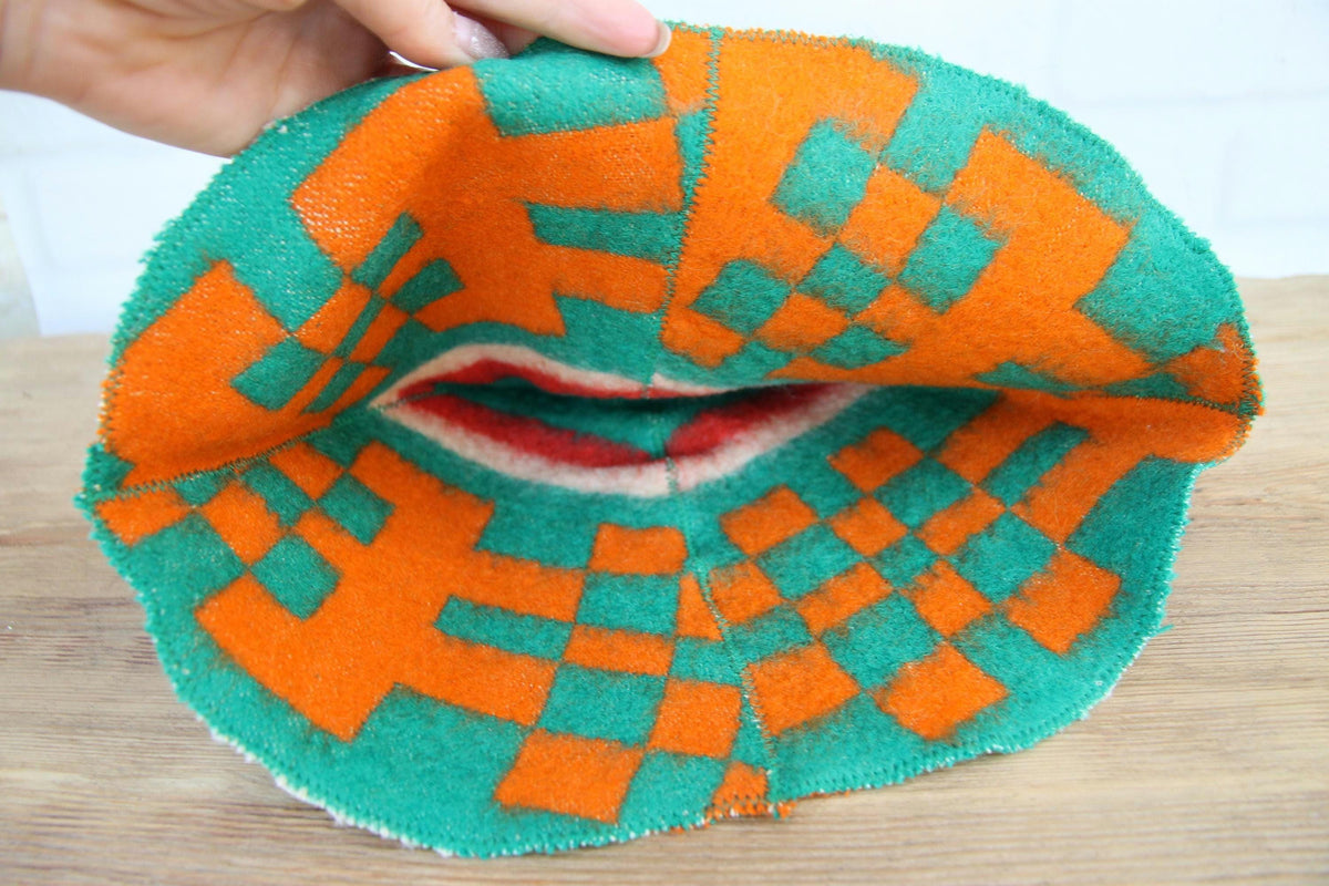 Handmade Upcycled Wool Sauna Hat - Green Orange Geometric Banya Hat