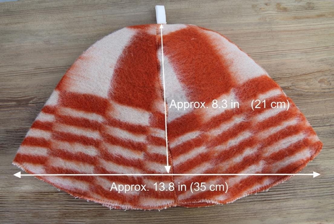 Handmade Upcycled Wool Sauna Hat, Orange White Geometric Banya Cap, Heat Protection Spa Accessory
