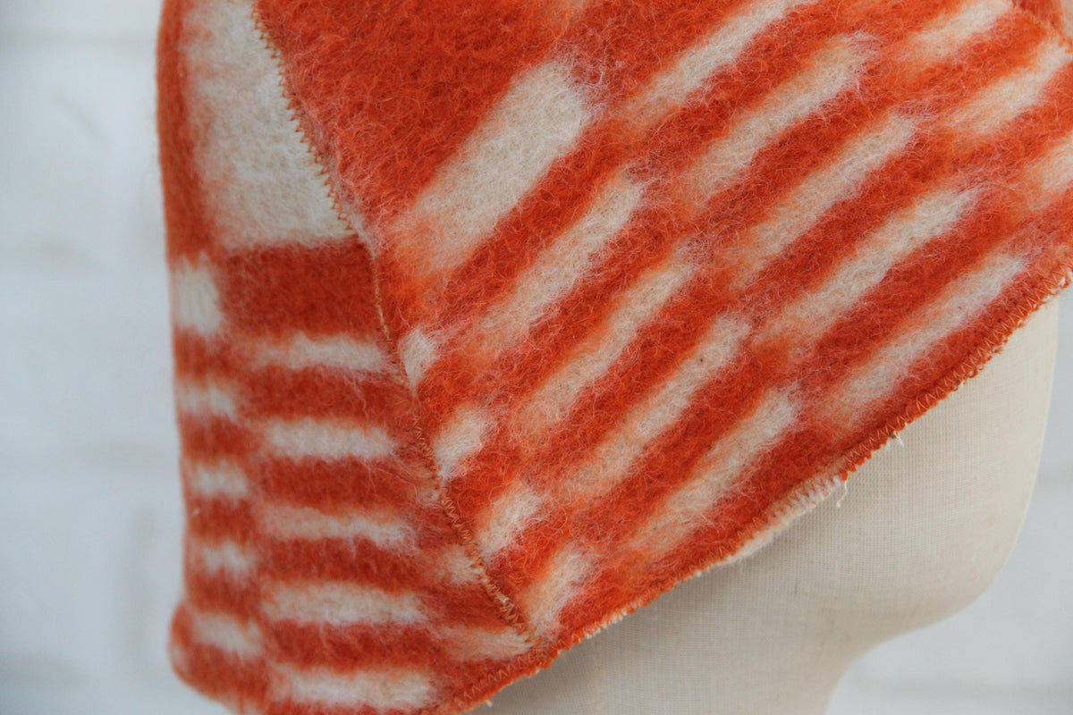 Handmade Upcycled Wool Sauna Hat, Orange White Geometric Banya Cap, Heat Protection Spa Accessory