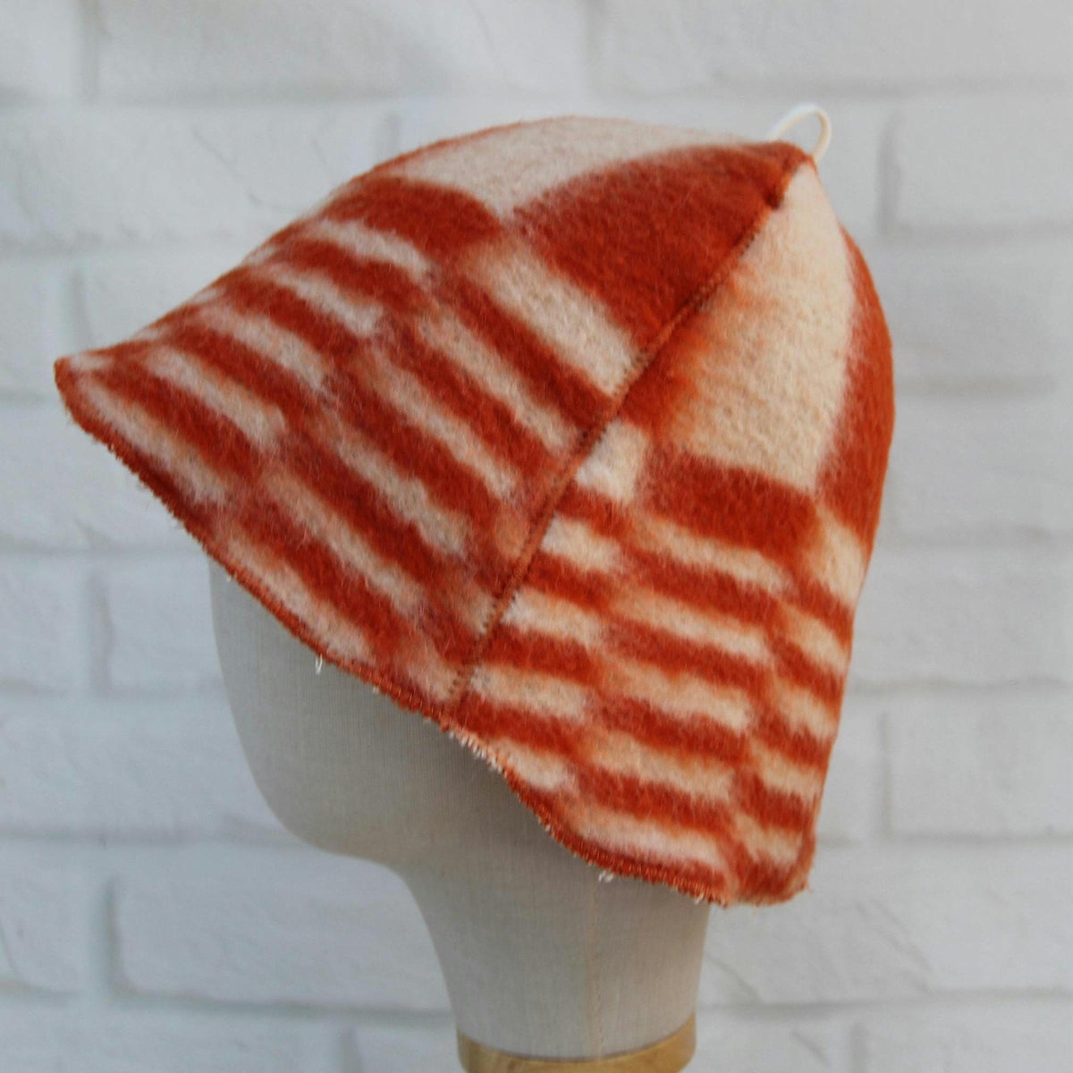 Handmade Upcycled Wool Sauna Hat, Orange White Geometric Banya Cap, Heat Protection Spa Accessory