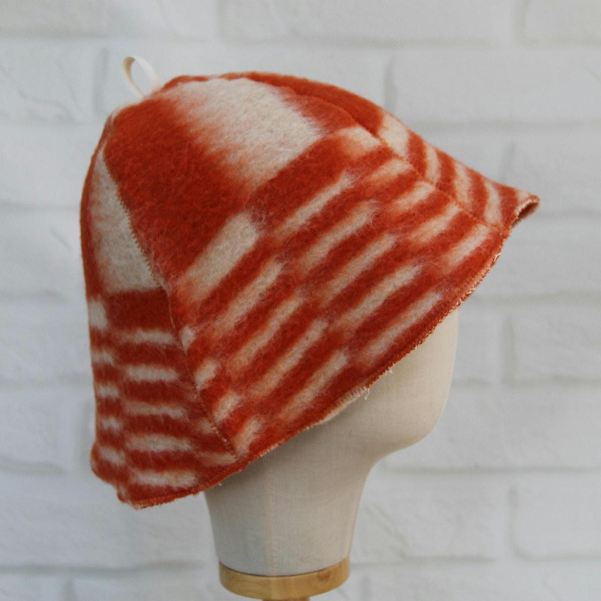 Handmade Upcycled Wool Sauna Hat, Orange White Geometric Banya Cap, Heat Protection Spa Accessory