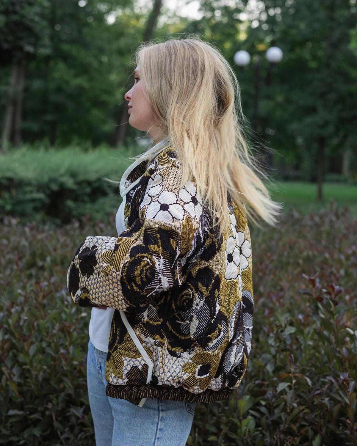 Handmade Tapestry Jacket, Upcycled Vintage Floral Blanket Coat, Oversized Statement Bomber, Unique Boho Outerwear