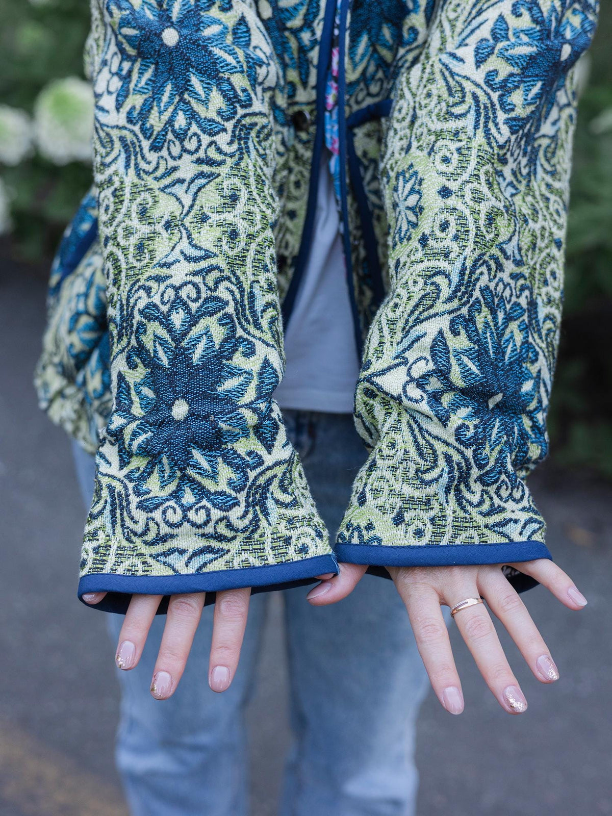 Handmade Vintage Tapestry Jacket, Blue Green Floral Bomber, Oversized Boho Outerwear