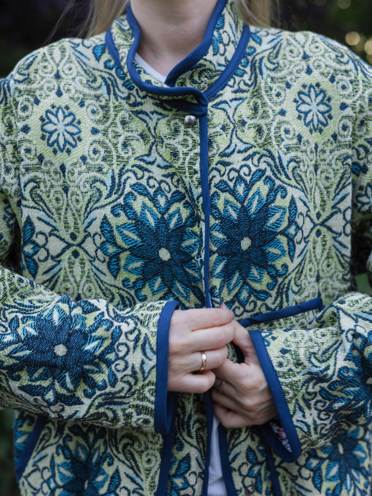 Handmade Vintage Tapestry Jacket, Blue Green Floral Bomber, Oversized Boho Outerwear