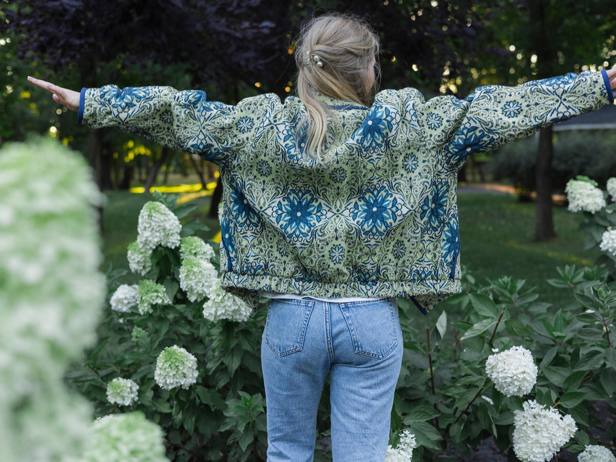 Handmade Vintage Tapestry Jacket, Blue Green Floral Bomber, Oversized Boho Outerwear