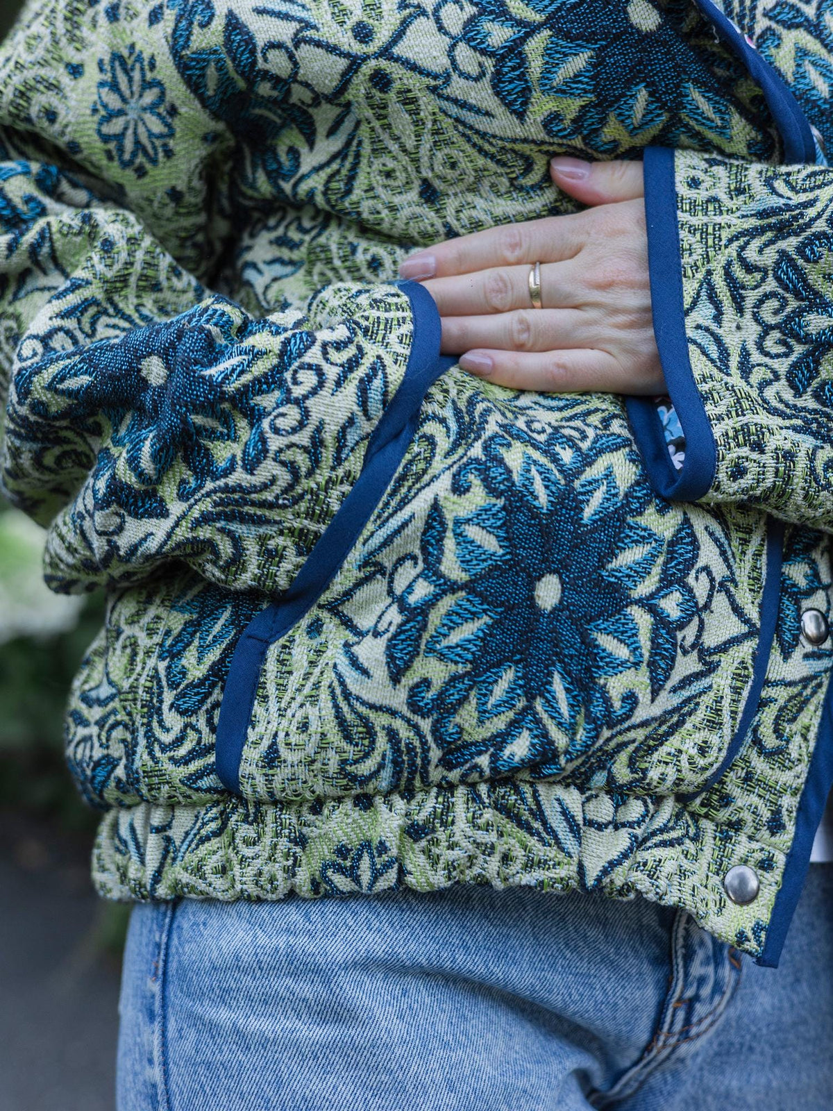 Handmade Vintage Tapestry Jacket, Blue Green Floral Bomber, Oversized Boho Outerwear