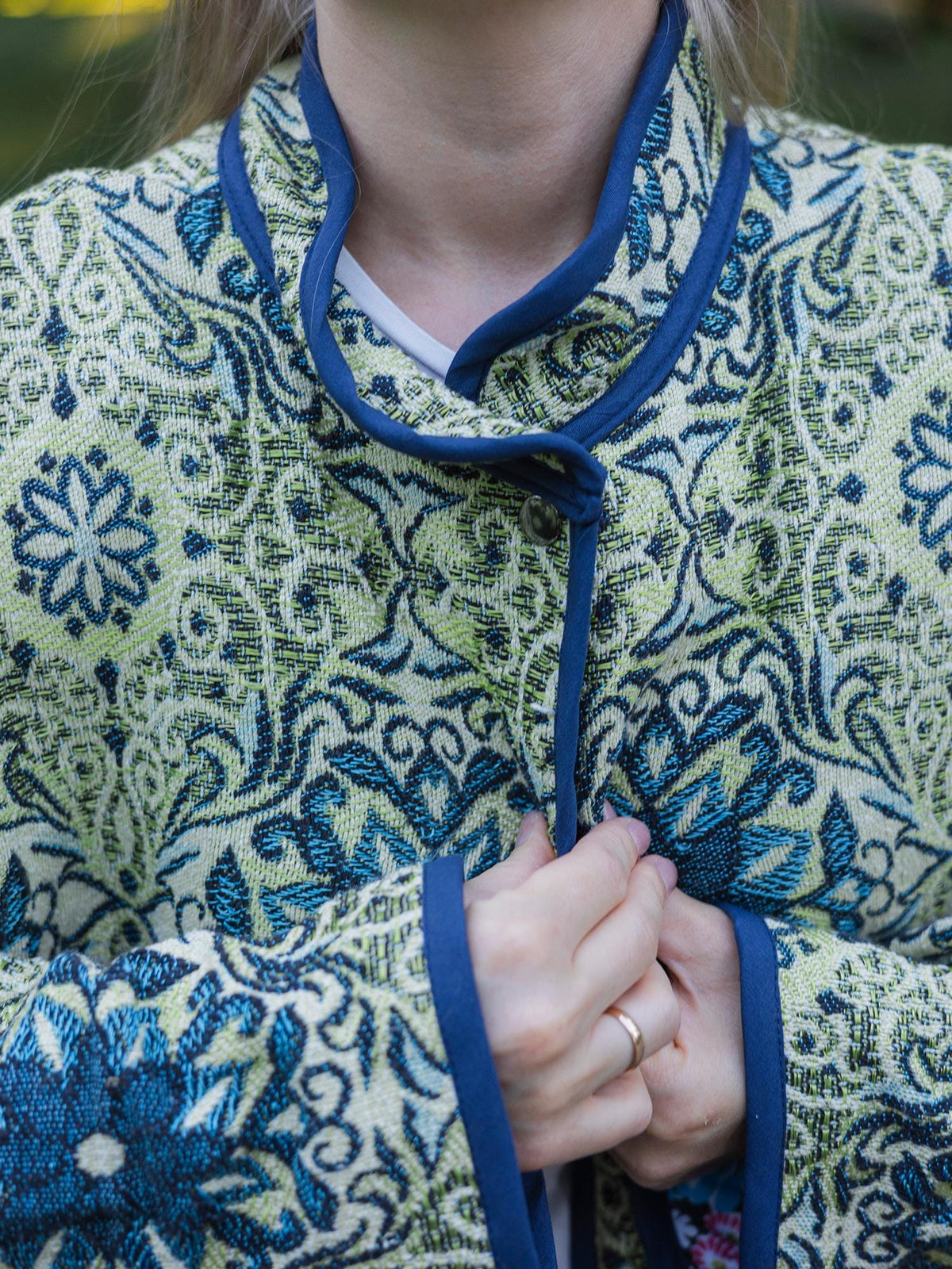 Handmade Vintage Tapestry Jacket, Blue Green Floral Bomber, Oversized Boho Outerwear