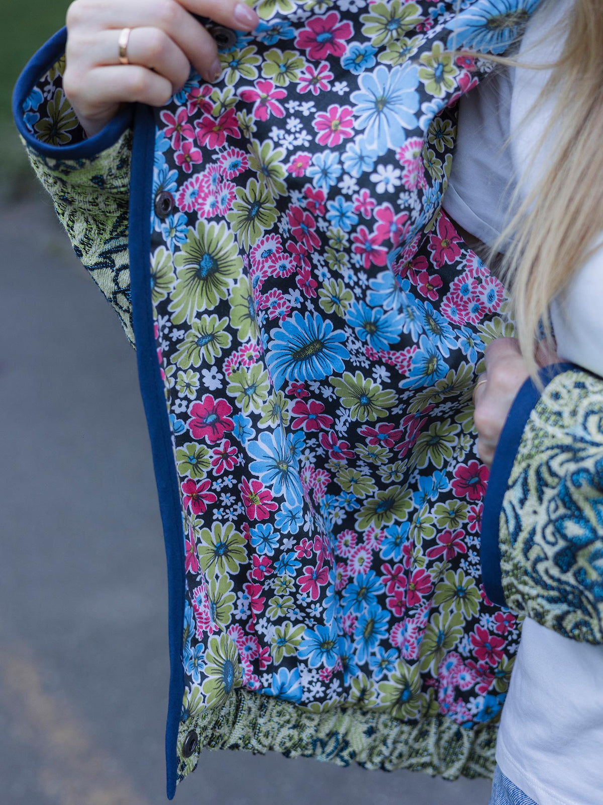 Handmade Vintage Tapestry Jacket, Blue Green Floral Bomber, Oversized Boho Outerwear