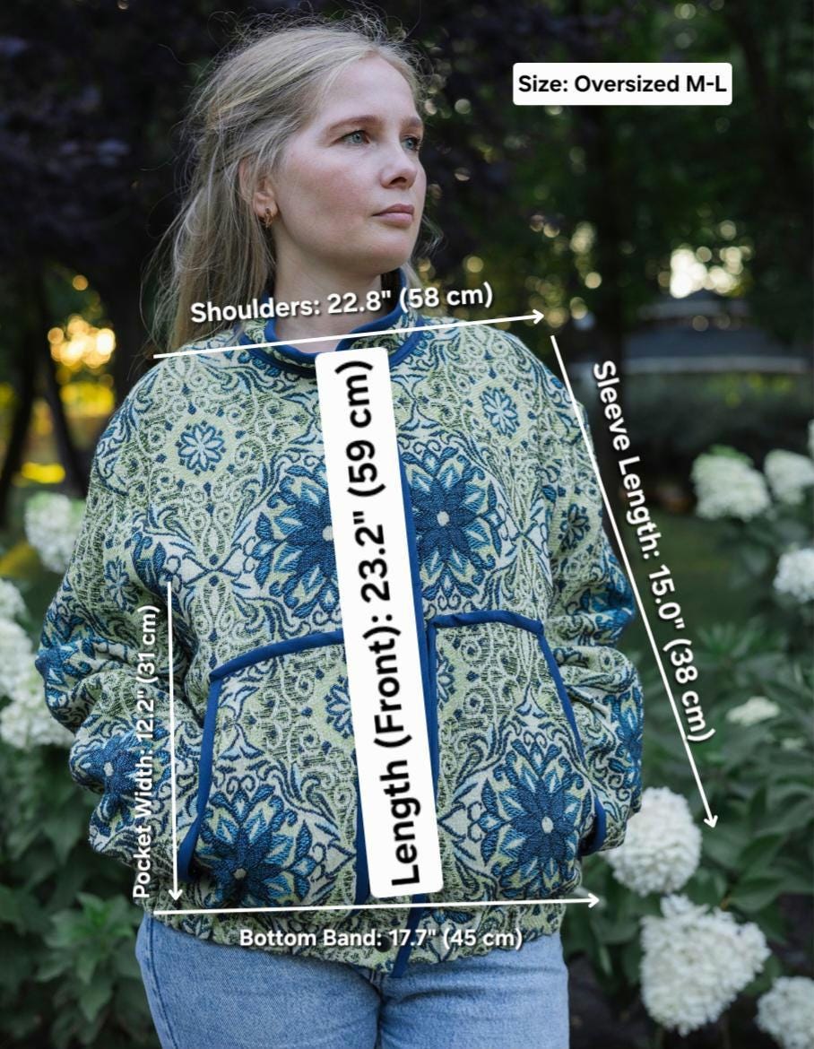 Handmade Vintage Tapestry Jacket, Blue Green Floral Bomber, Oversized Boho Outerwear