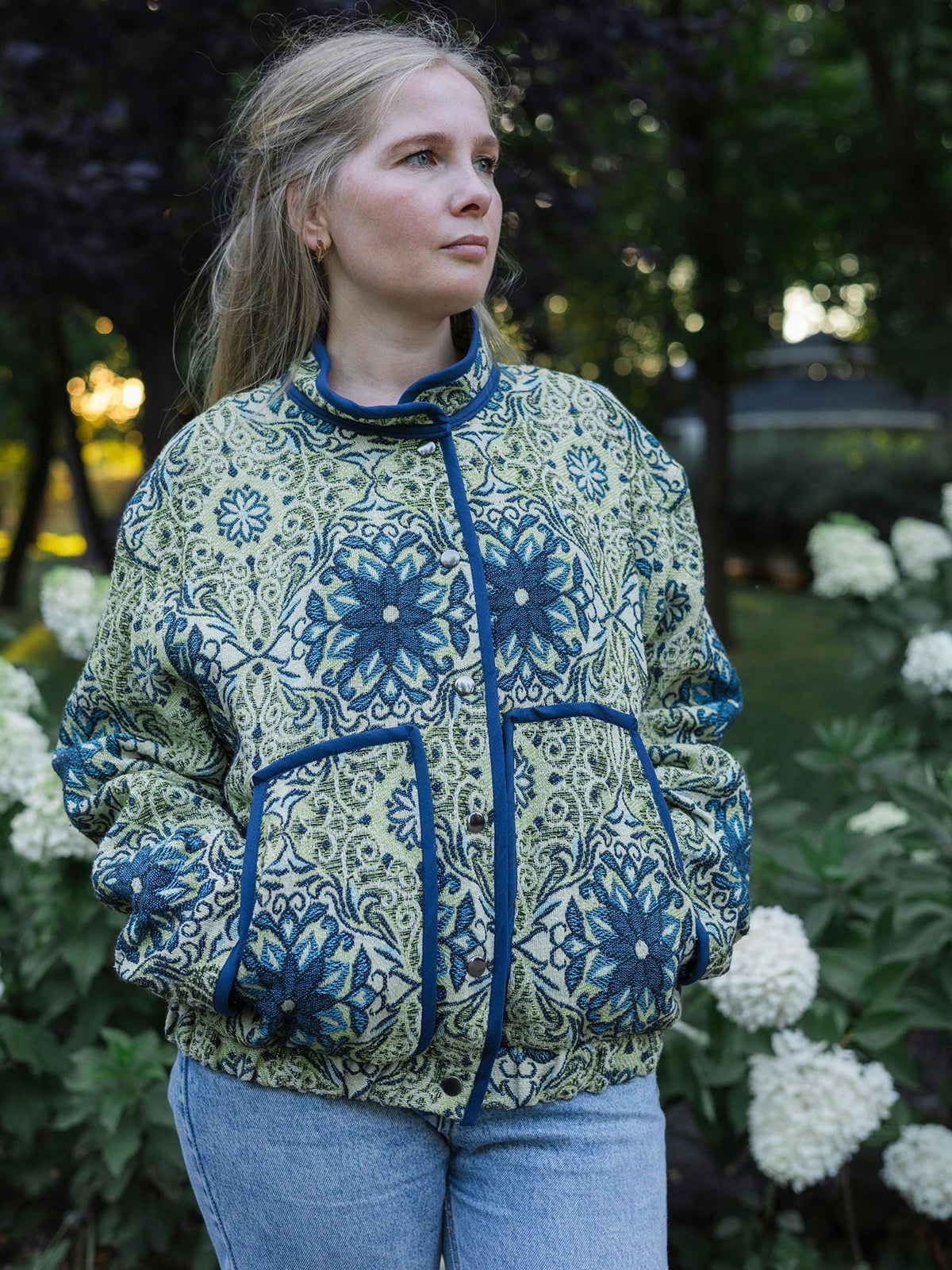 Handmade Vintage Tapestry Jacket, Blue Green Floral Bomber, Oversized Boho Outerwear