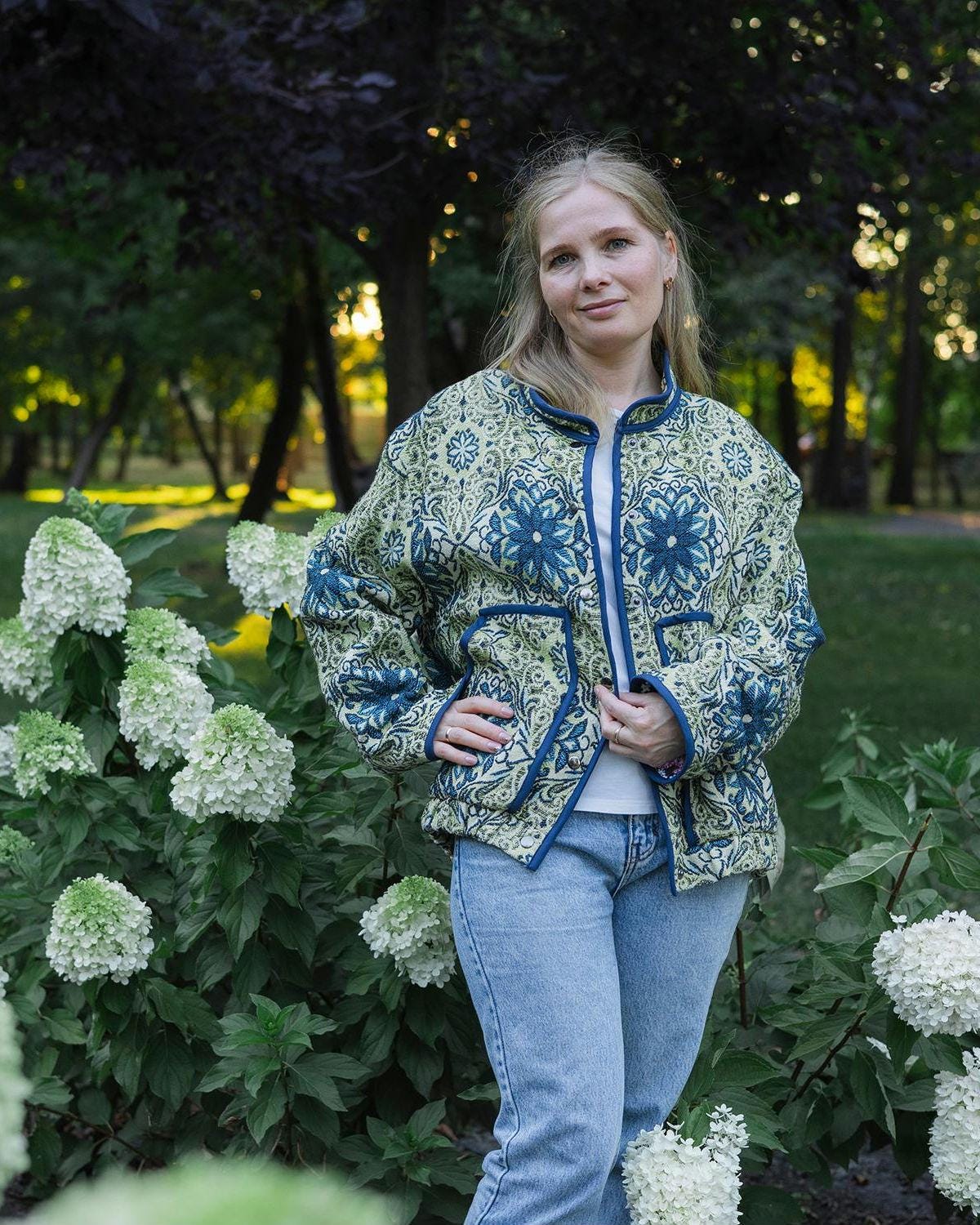 Handmade Vintage Tapestry Jacket, Blue Green Floral Bomber, Oversized Boho Outerwear