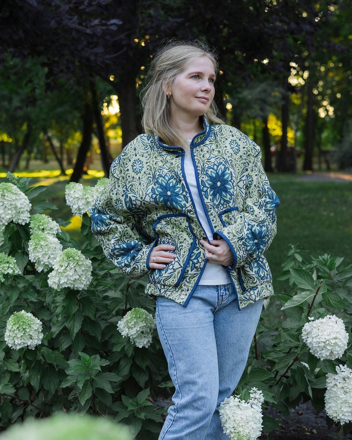 Handmade Vintage Tapestry Jacket, Blue Green Floral Bomber, Oversized Boho Outerwear