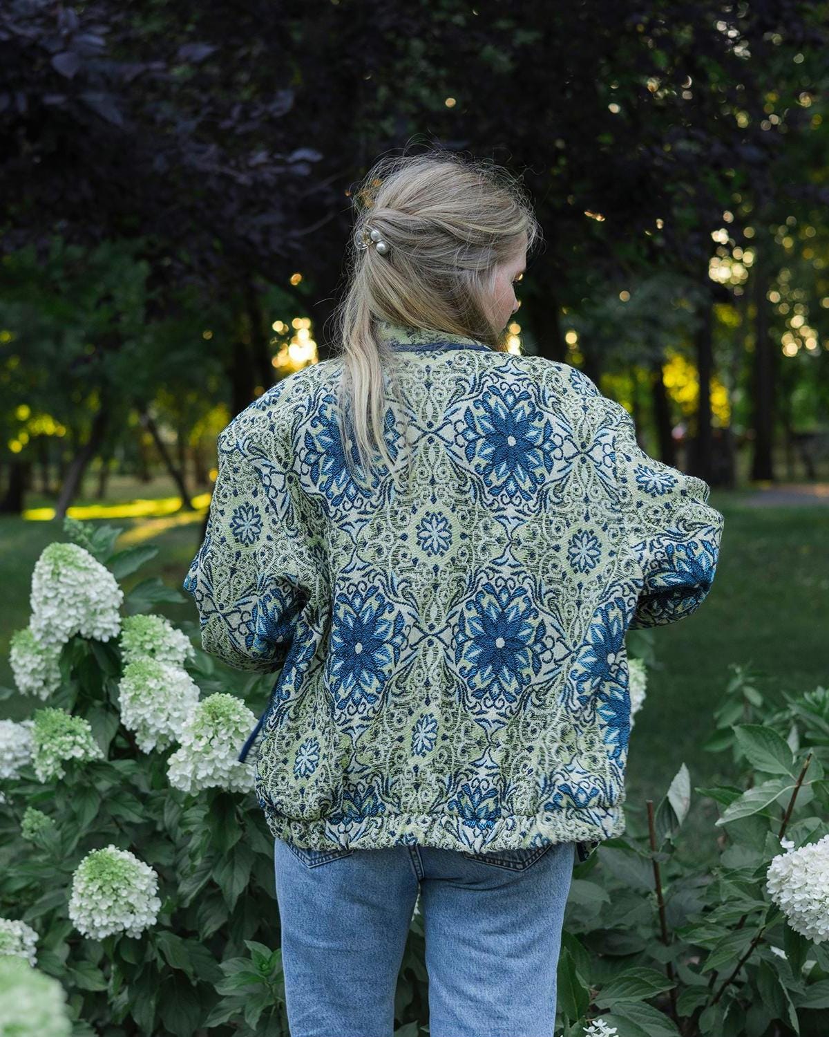 Handmade Vintage Tapestry Jacket, Blue Green Floral Bomber, Oversized Boho Outerwear