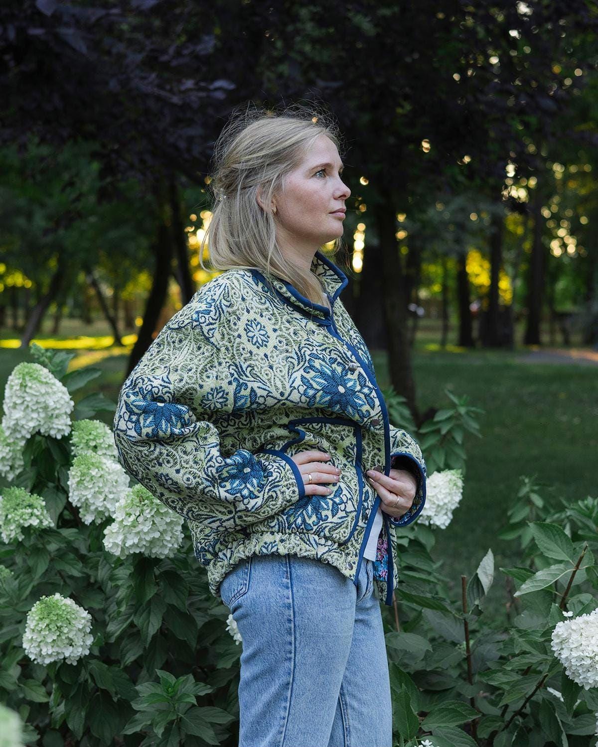 Handmade Vintage Tapestry Jacket, Blue Green Floral Bomber, Oversized Boho Outerwear