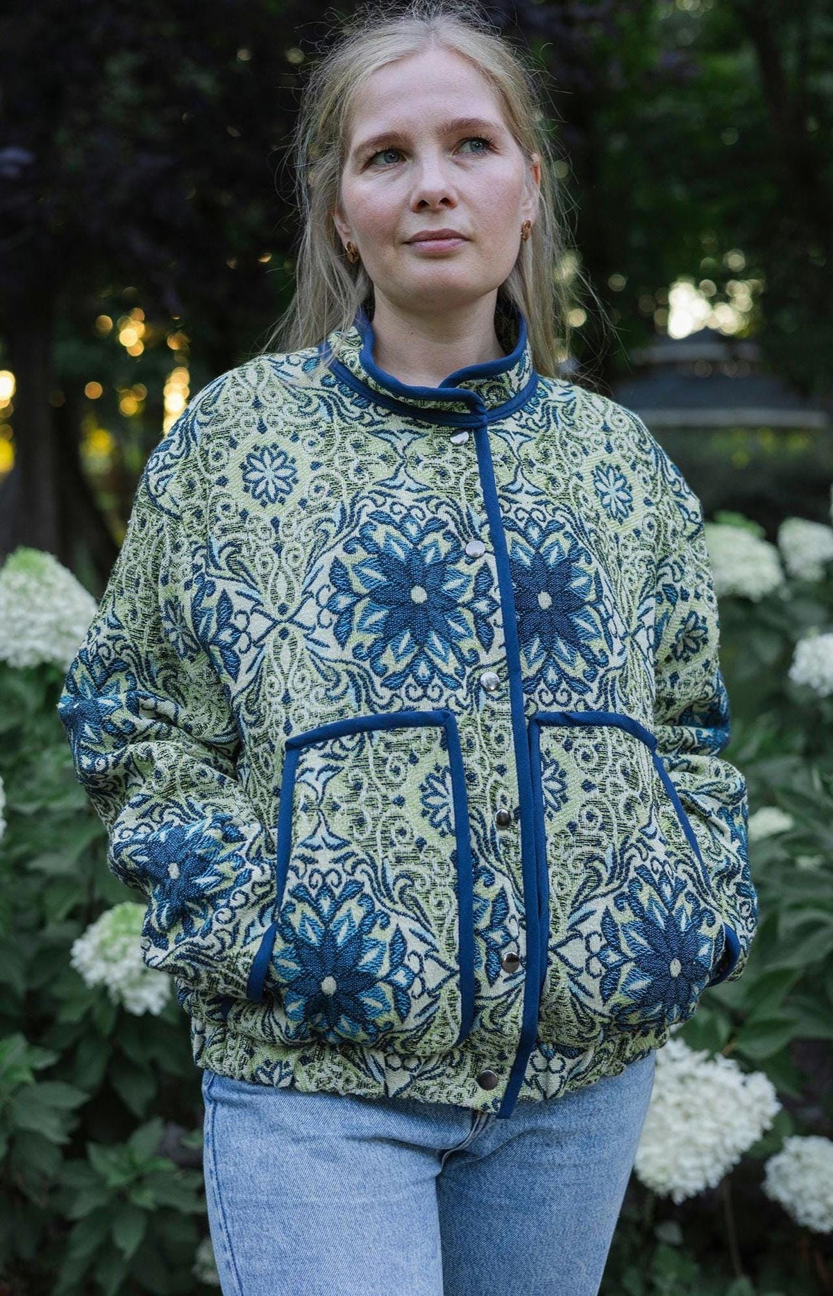Handmade Vintage Tapestry Jacket, Blue Green Floral Bomber, Oversized Boho Outerwear