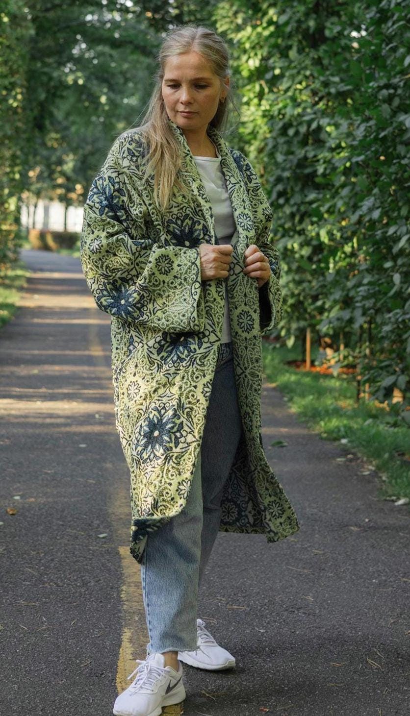 Handmade Vintage Tapestry Cardigan, Upcycled Floral Duster Coat, Oversized Boho Outerwear