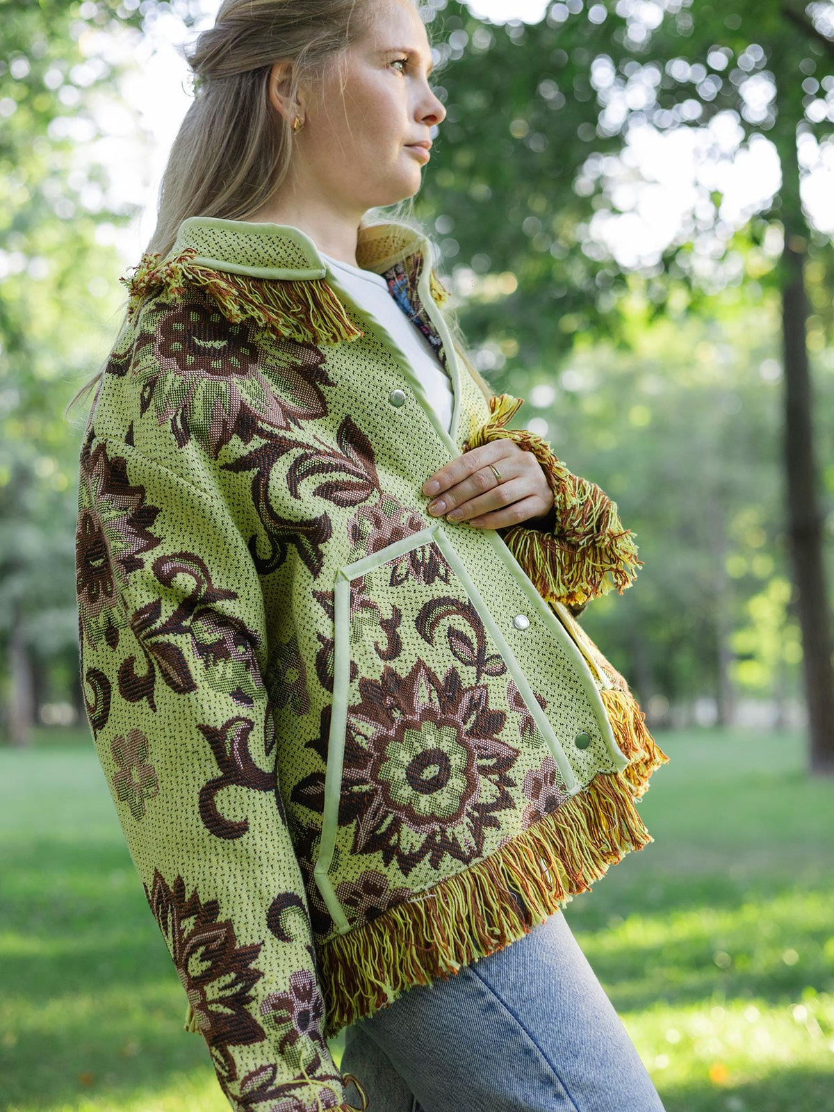 Handmade Fringe Tapestry Jacket, Upcycled Vintage Blanket Coat, Boho Statement Bomber (Oversized S-M)