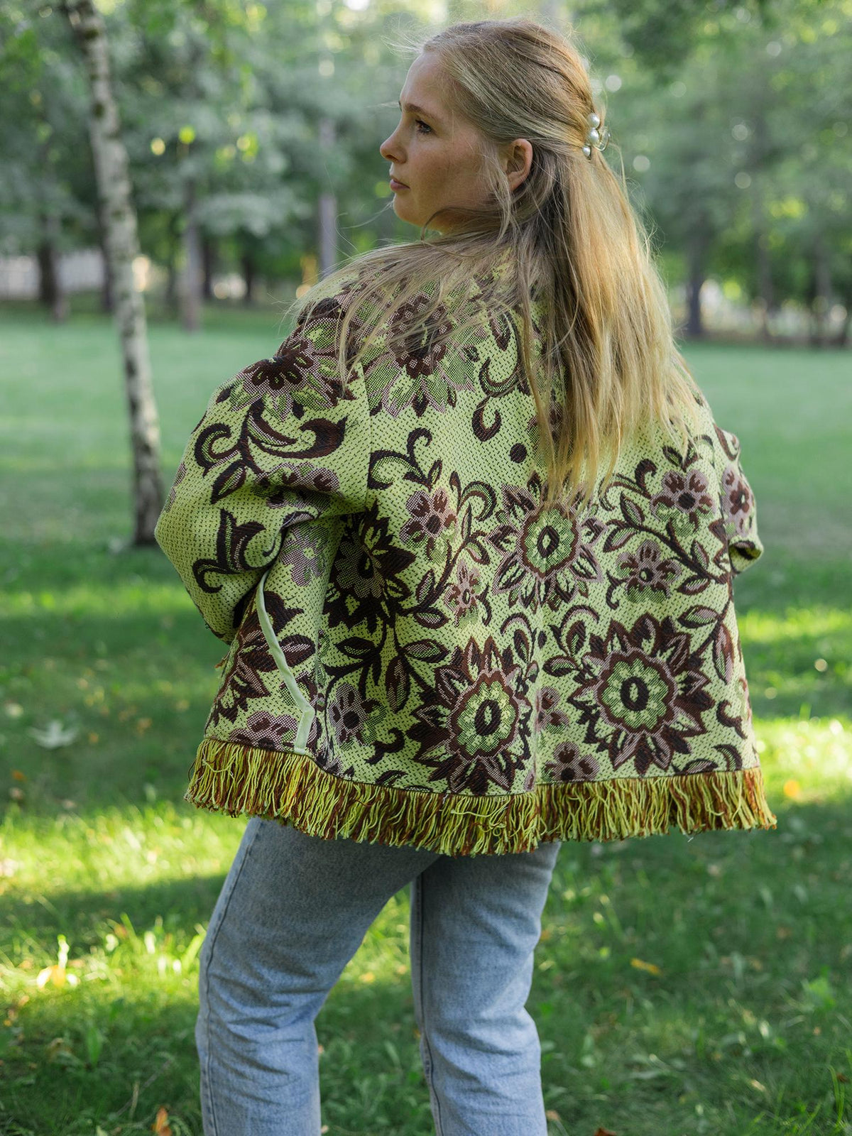 Handmade Fringe Tapestry Jacket, Upcycled Vintage Blanket Coat, Boho Statement Bomber (Oversized S-M)
