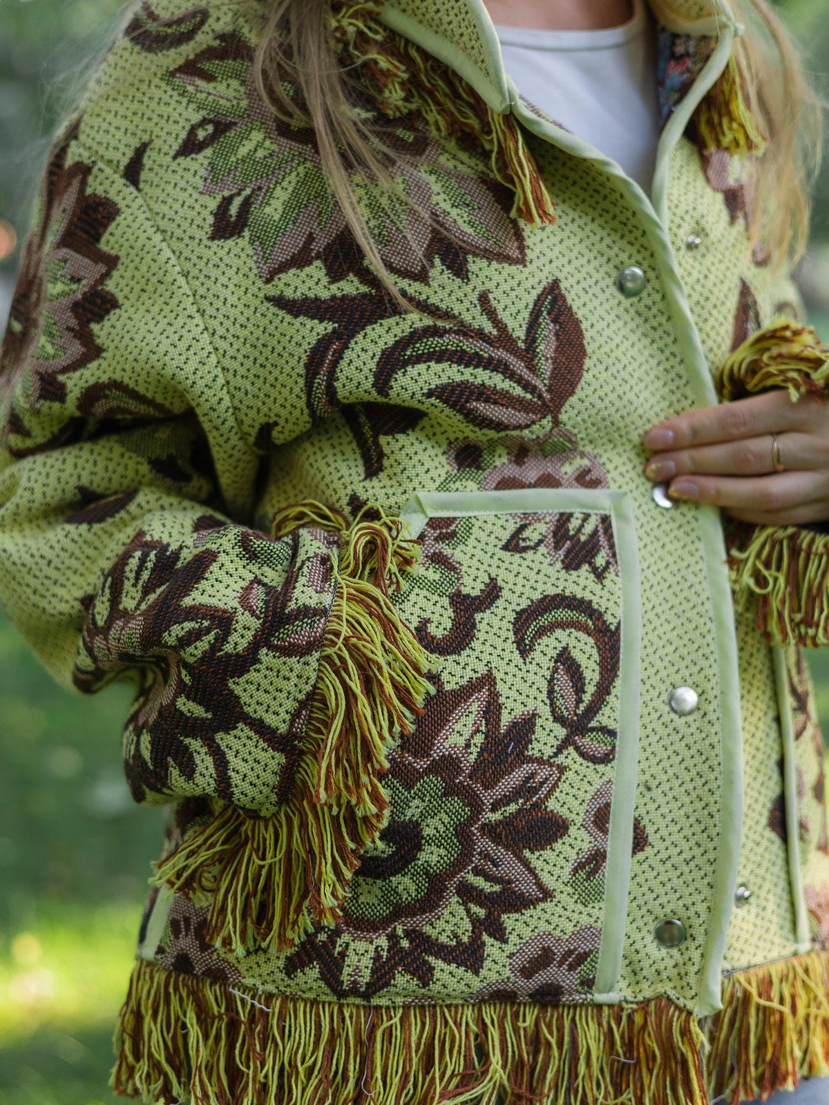 Handmade Fringe Tapestry Jacket, Upcycled Vintage Blanket Coat, Boho Statement Bomber (Oversized S-M)