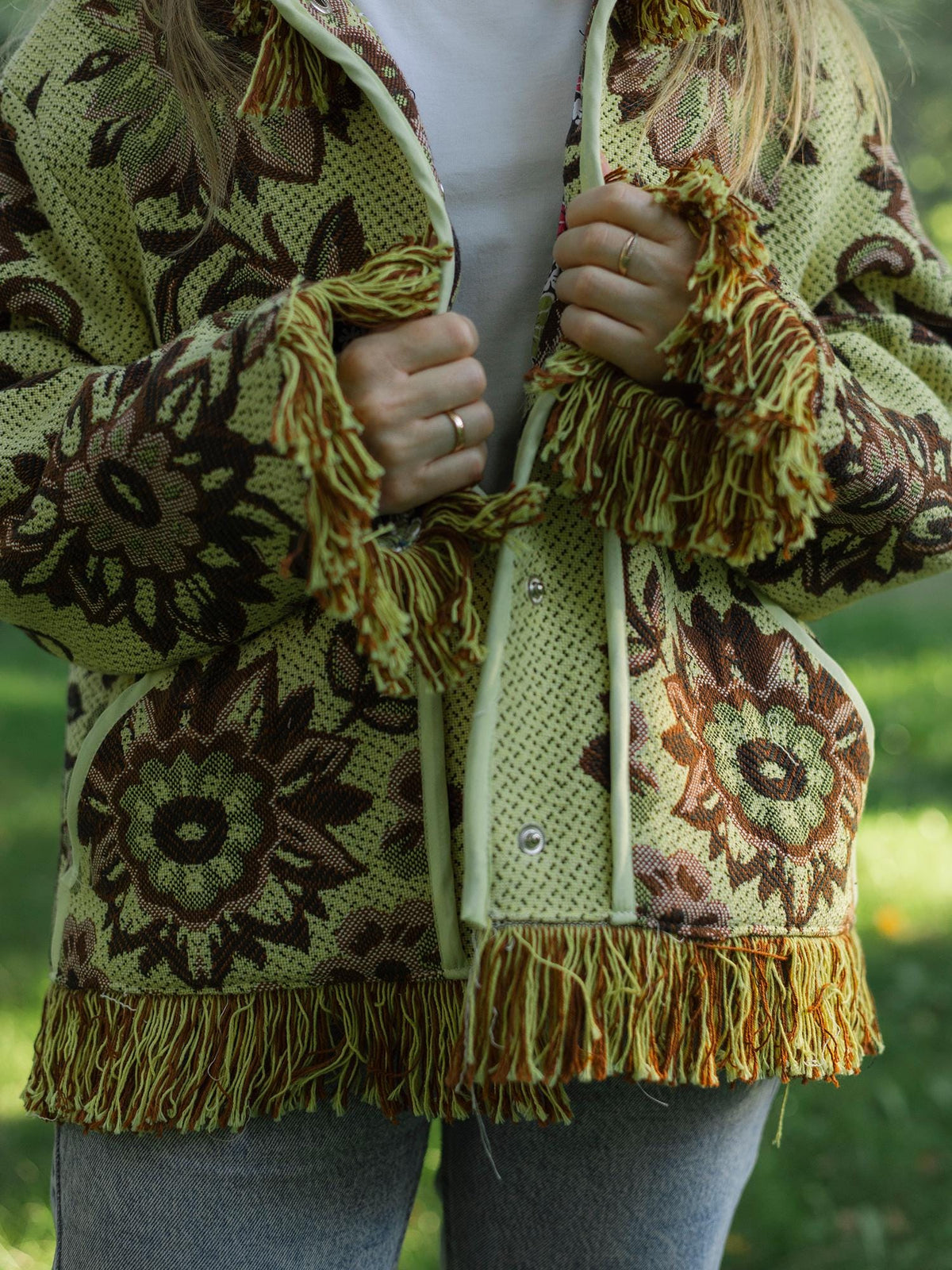 Handmade Fringe Tapestry Jacket, Upcycled Vintage Blanket Coat, Boho Statement Bomber (Oversized S-M)