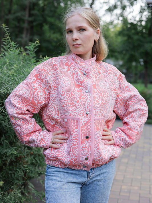 Vintage Coral Tapestry Bomber Jacket , Upcycled Statement Outerwear