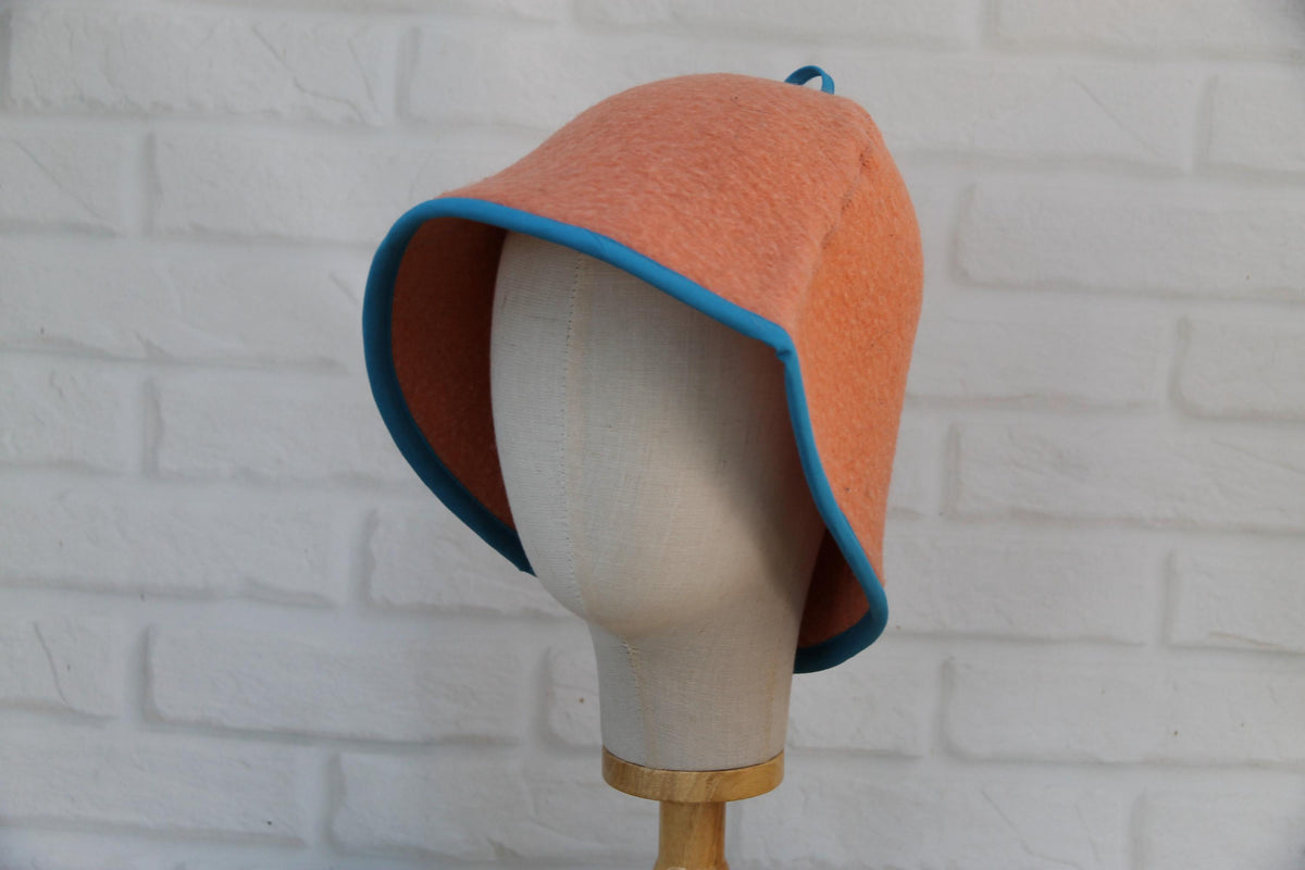 Handmade Wool Sauna Hat, Vintage Blanket Banya Cap, Upcycled Peach Blue Steam Room Hat