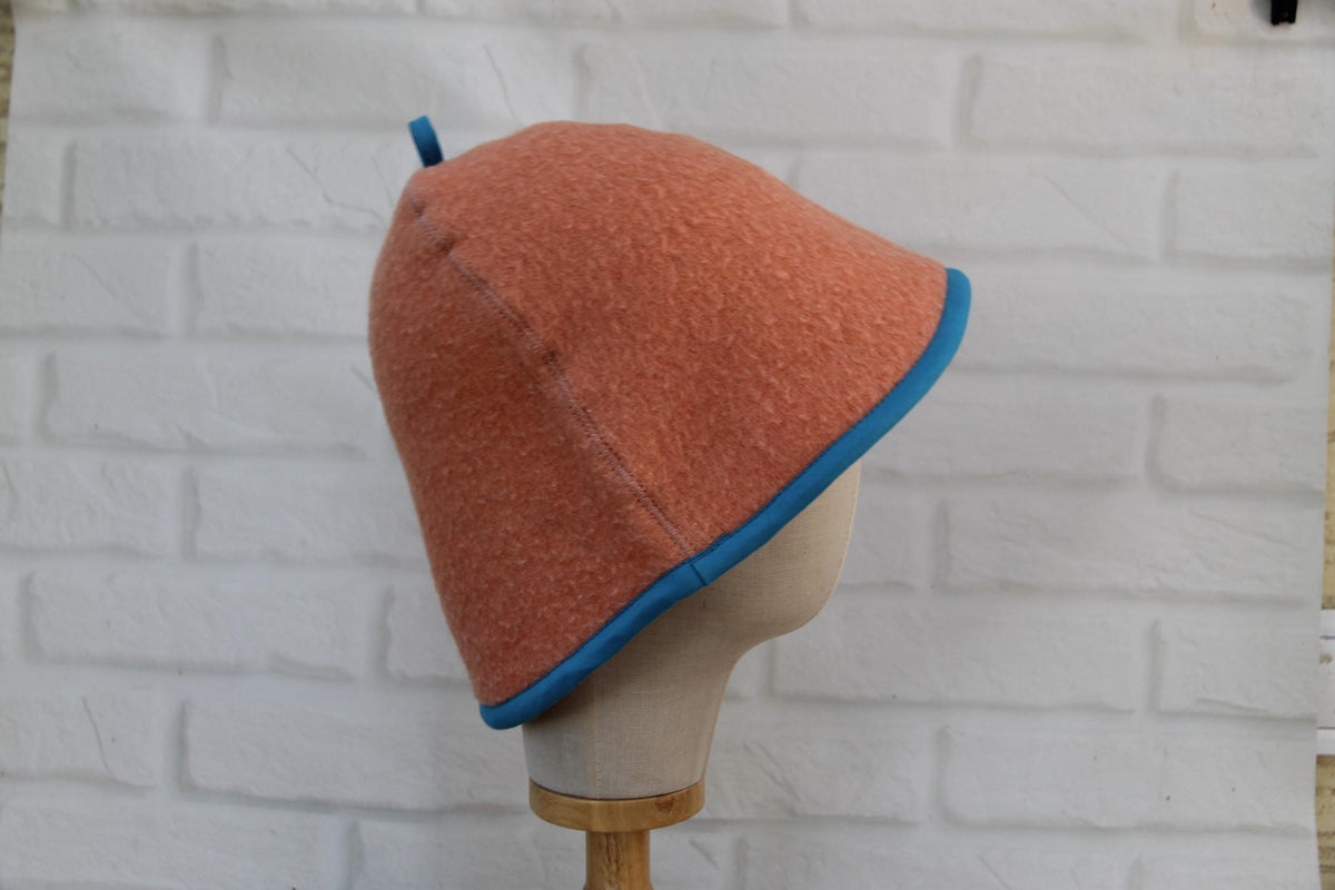 Handmade Wool Sauna Hat, Vintage Blanket Banya Cap, Upcycled Peach Blue Steam Room Hat