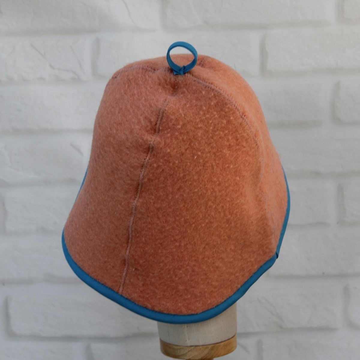 Handmade Wool Sauna Hat, Vintage Blanket Banya Cap, Upcycled Peach Blue Steam Room Hat