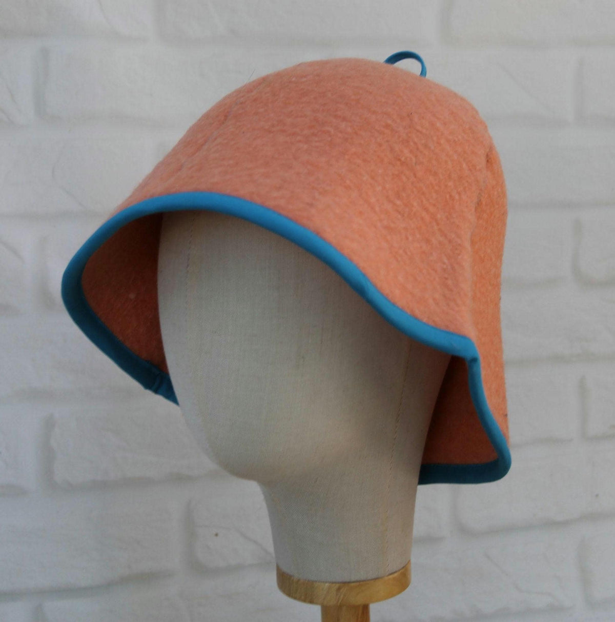 Handmade Wool Sauna Hat, Vintage Blanket Banya Cap, Upcycled Peach Blue Steam Room Hat