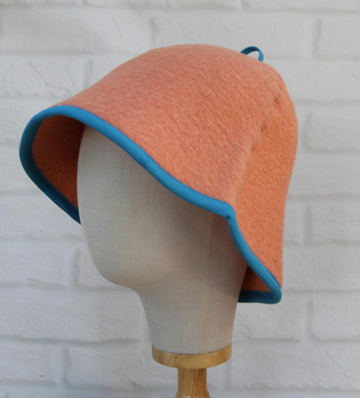 Handmade Wool Sauna Hat, Vintage Blanket Banya Cap, Upcycled Peach Blue Steam Room Hat